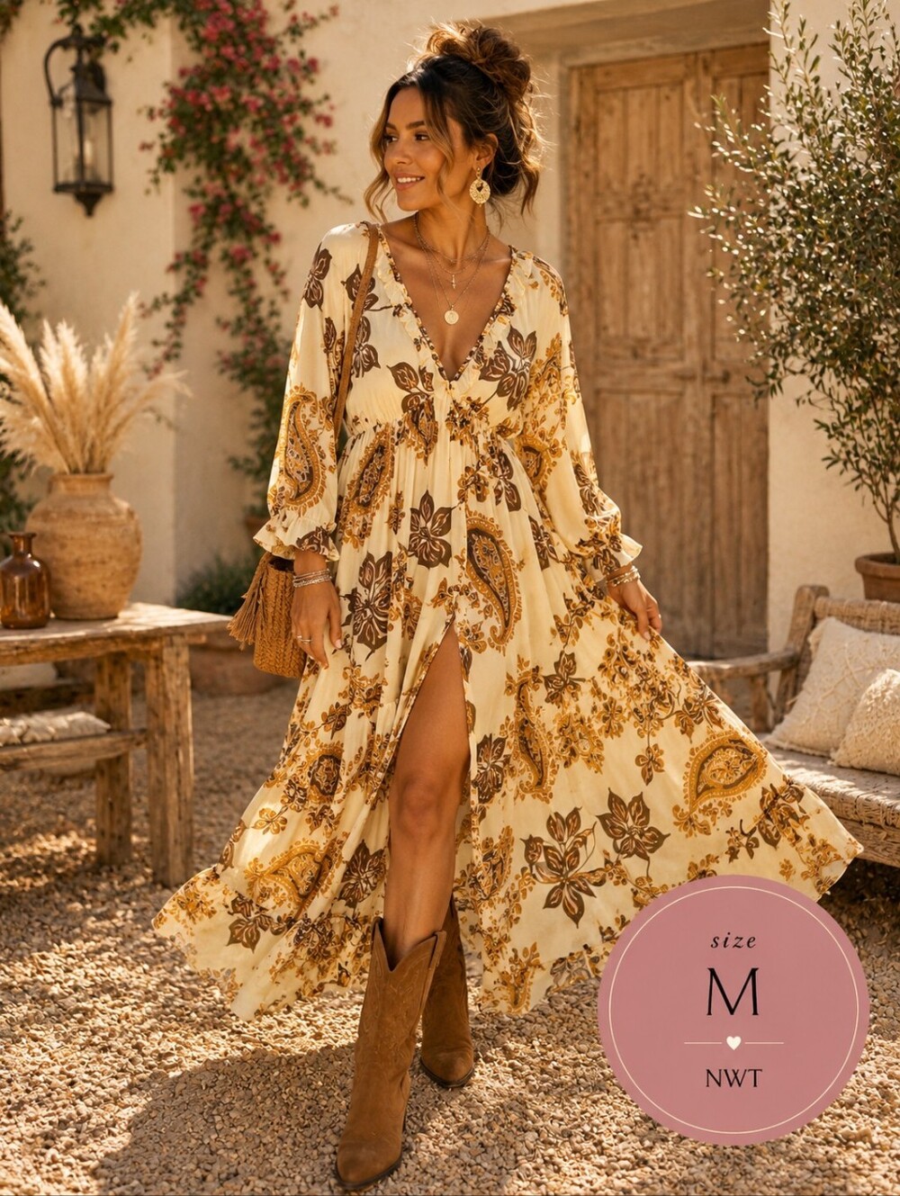 Patrons of Peace NWT Paisley Maxi Dress | Cream Brown Floral | Size M